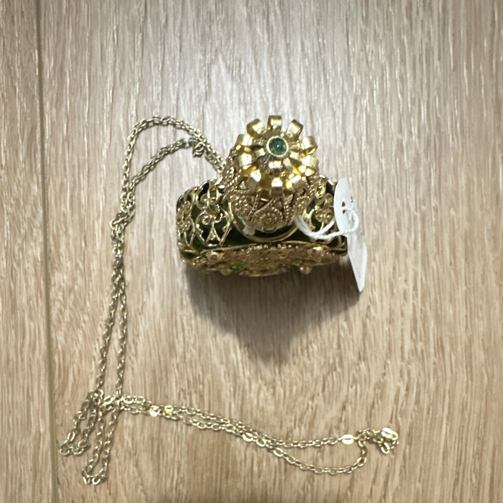 Vintage Czech perfume bottle pendant cable Gold Tone Filigree Green Glass