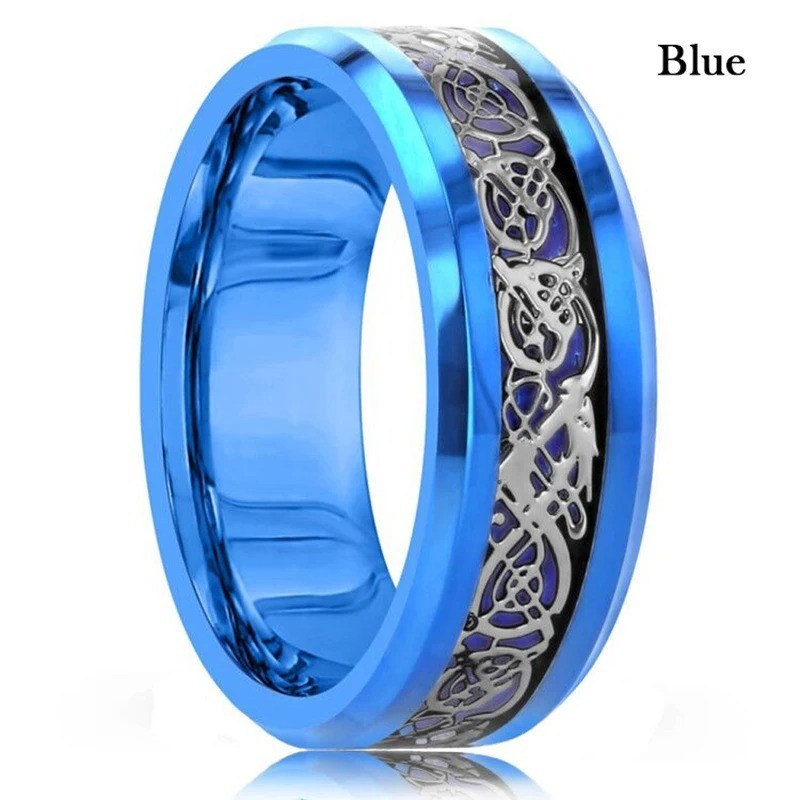 Men Women Gold Plated Blue Black Red Stainless Steel Celtic Dragon Band Ring 8mm