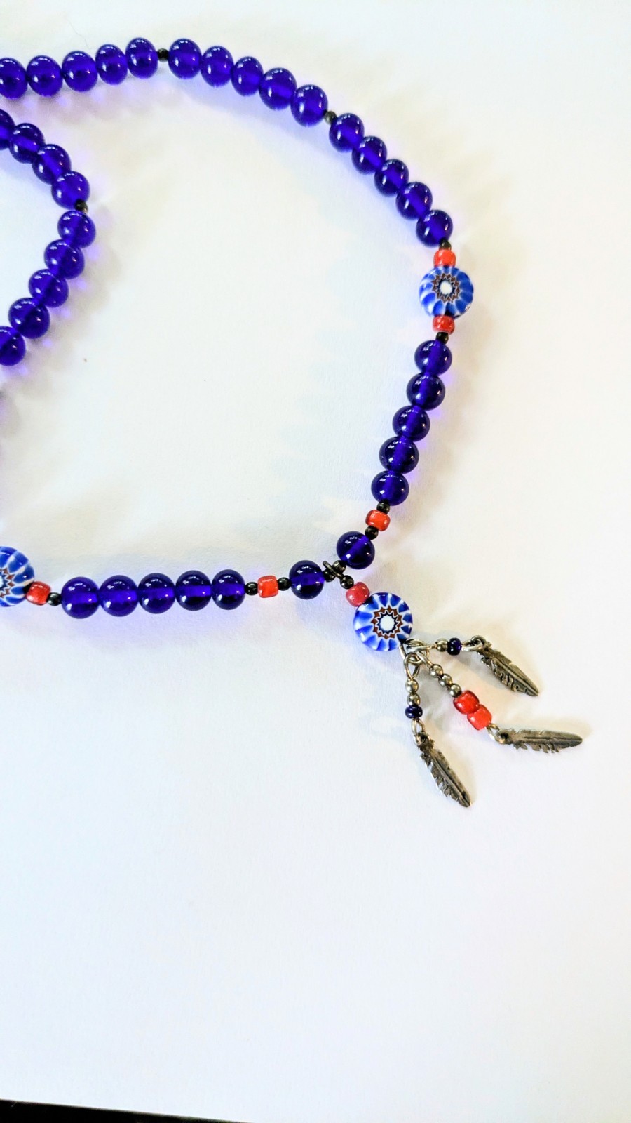 N.A. Style Sterling Silver Cobalt Blue Beaded Feather Pendant Necklace 23.5″