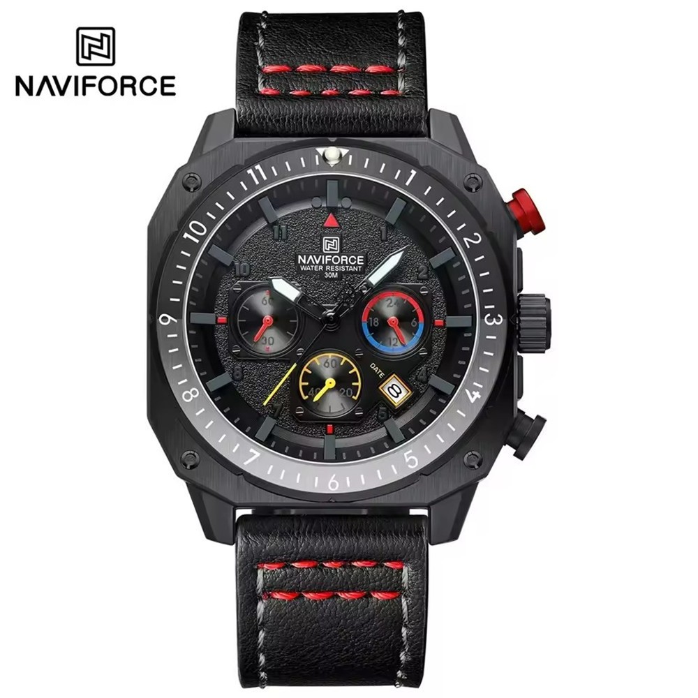 NAVIFORCE Men Watches Military Chronograph Square Watch Leather Date Wristwatch