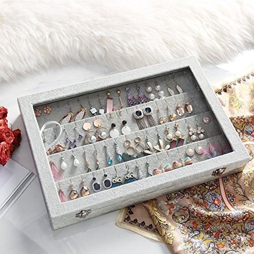 Velvet Clear Lid Earring Box Organizer Storage 55 Pairs Stud Tray Earrings