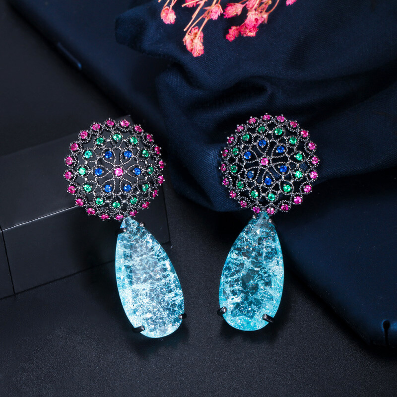 Ethnic Black Gold Plated Long Big Blue Water Drop Zircon Crystal Dangle Earrings