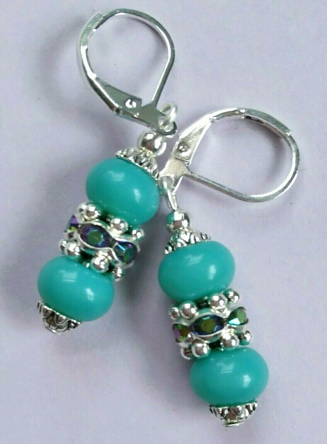 TURQUOISE JADE AB Crystal Ring drop earring SP LEVERBACK handcrafted