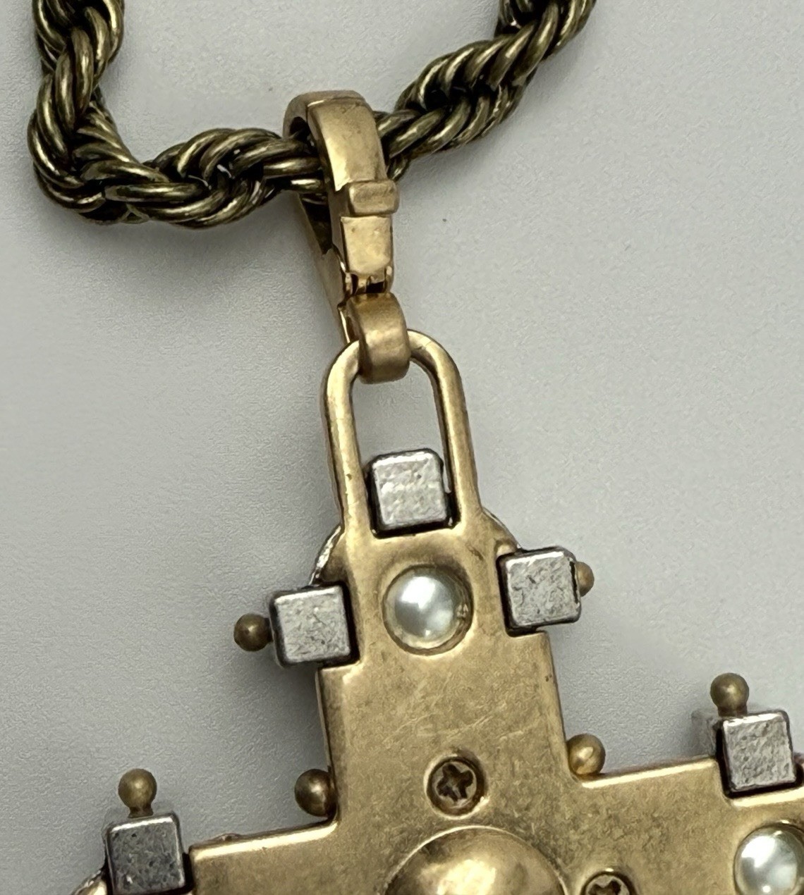 Cabi Tudor Maltese Cross Pendant Necklace Faux Pearl Black Crystal Rope Chain