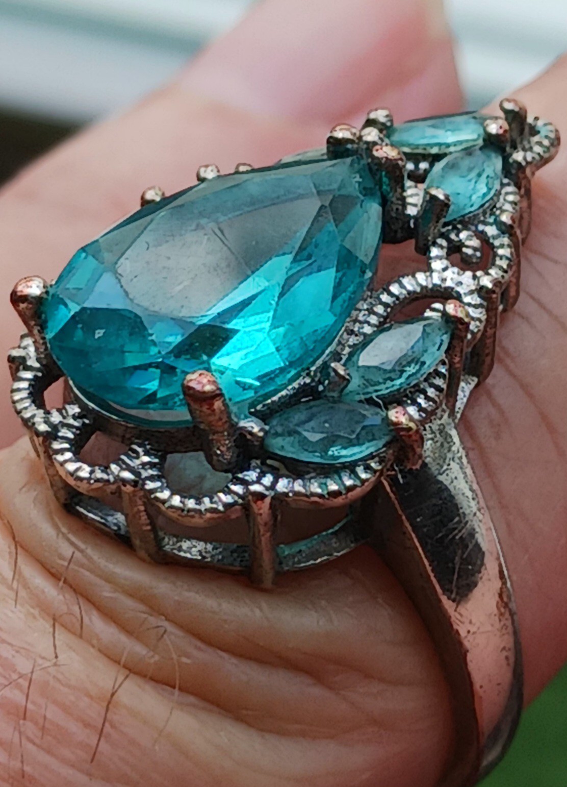 Vtg Cocktail Ring Aqua Blue Silverplate/ Silvertone Estate Ring Sz 7.75