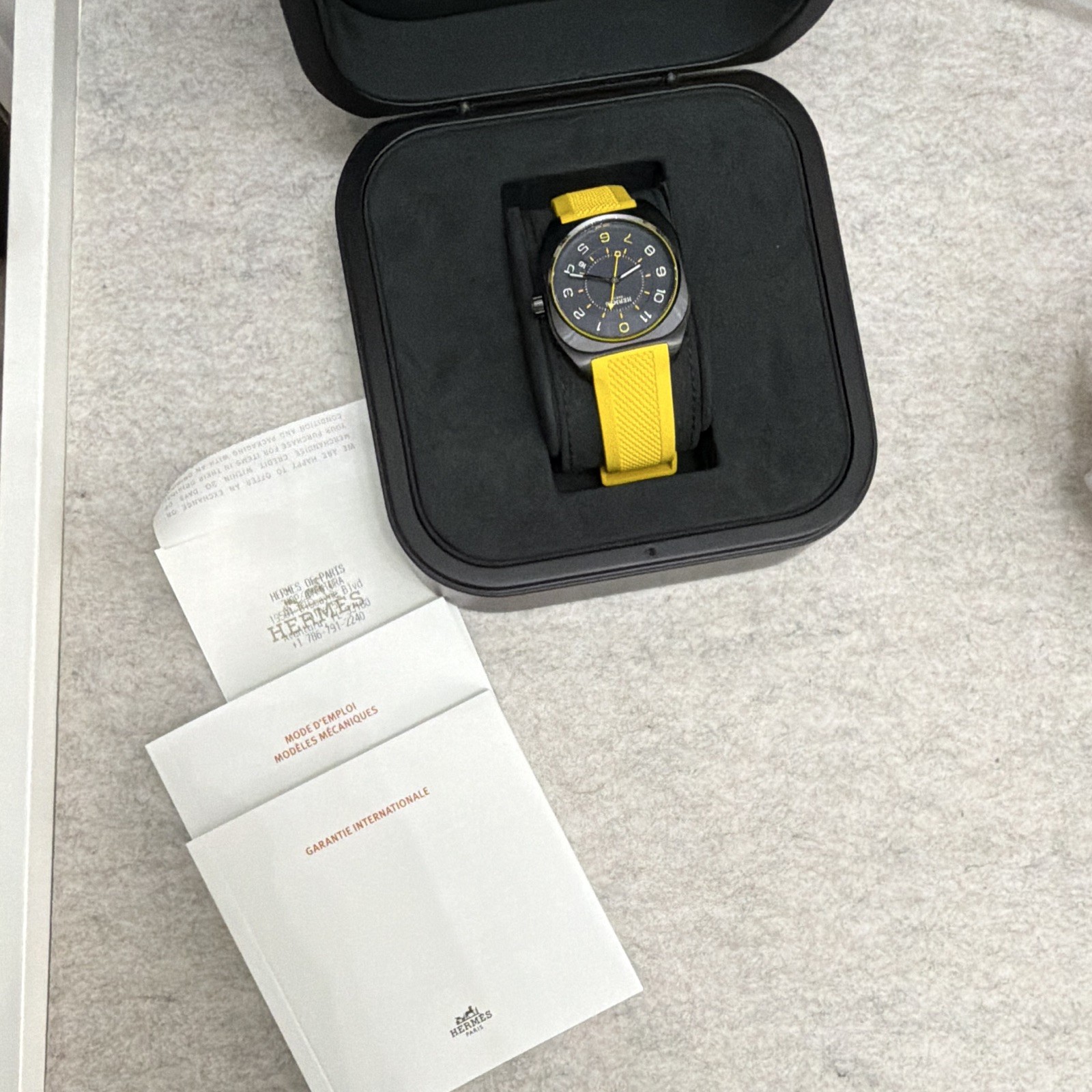 Hermès H08 Automatic 39mm Titanium Black Dial Yellow Rubber Strap Box Papers