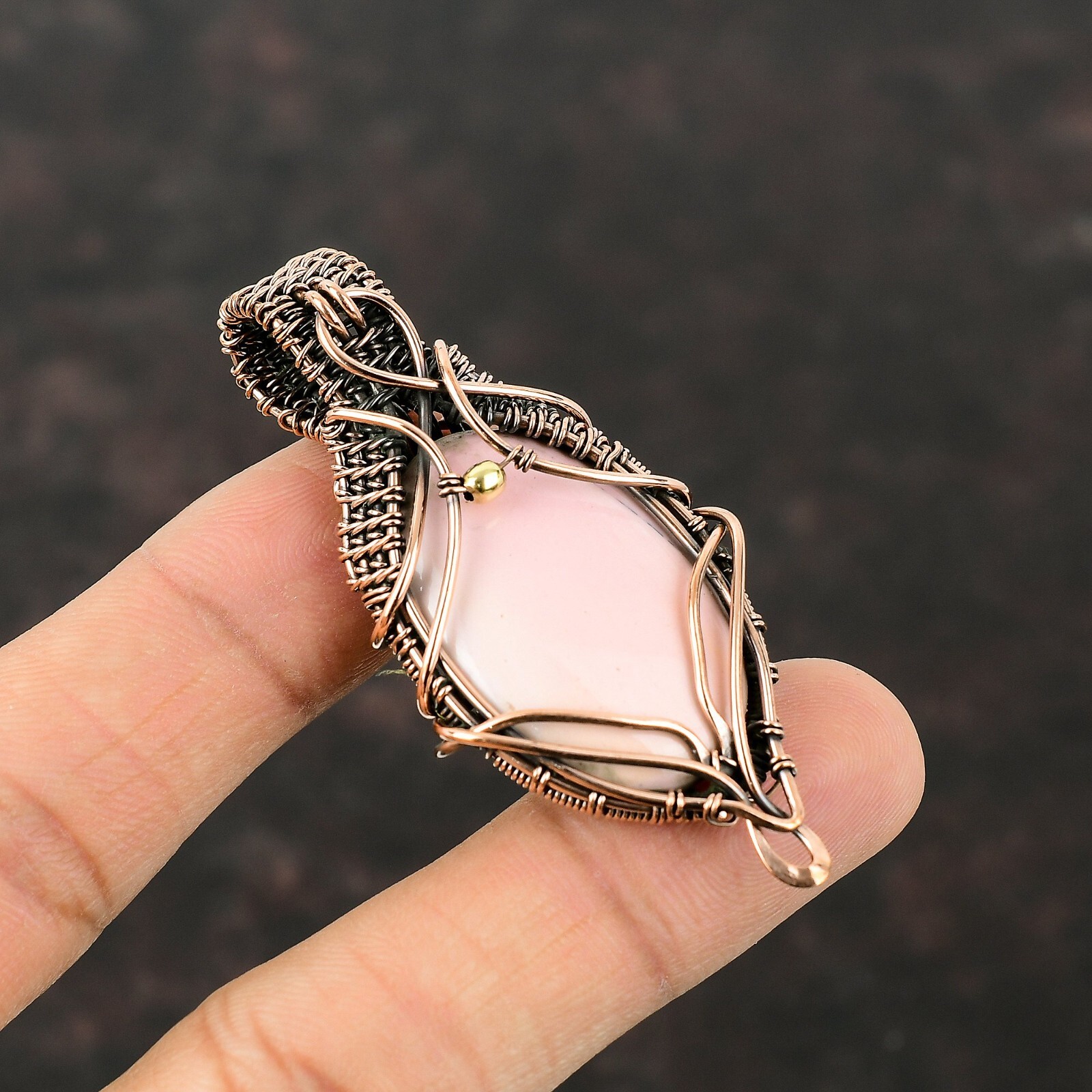 Wedding Gift For Her Copper Pink Opal Jewelry Wire Wrapped Pendant 2.56″