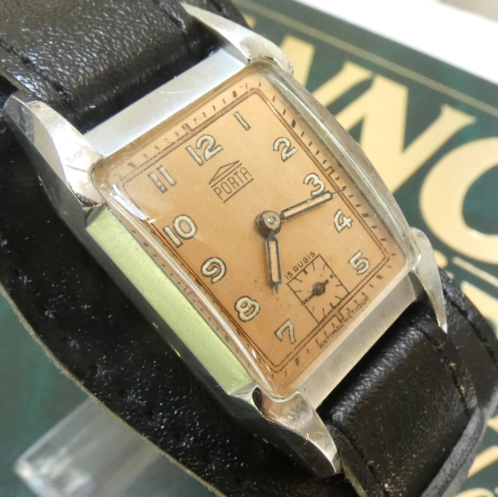 Vintage Art Deco PORTA 1930s German Tank Watch PUW 15 Rubis Tested Works Great