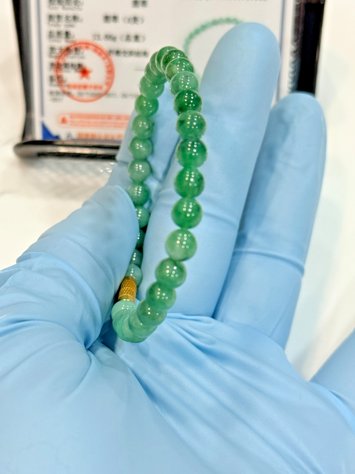 Natural Grade A Jadeite Jade Beaded Bracelet Green Floating Flower 6 mm #707916