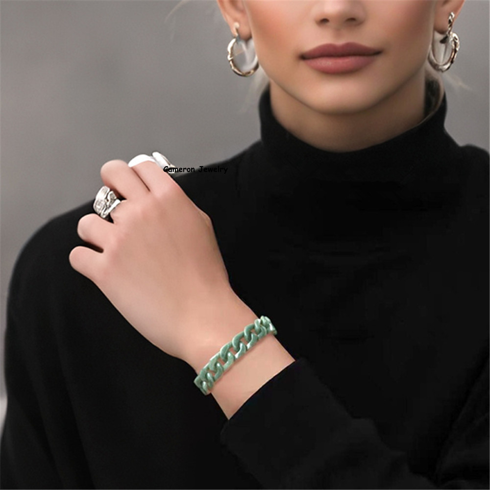 Real Grade A Natural Green Jade Jadeite Cuban Curb Link Bracelet 5.9-9.4Inch