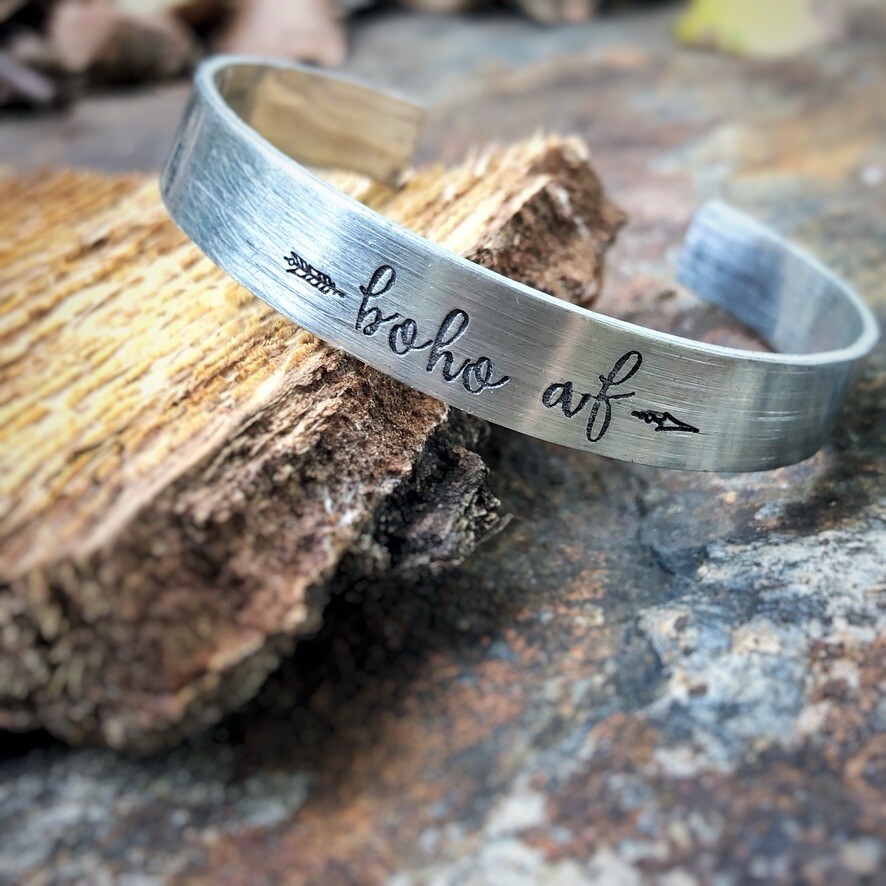 BOHO AF Cuff Womens OS Silver Hand Stamped Stainless Steel Adjustable Bracelet