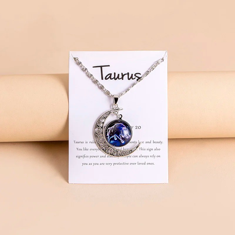 Moon Shaped Zodiac Sign Necklace Horoscope Astrological Pendant with 17″ Chain