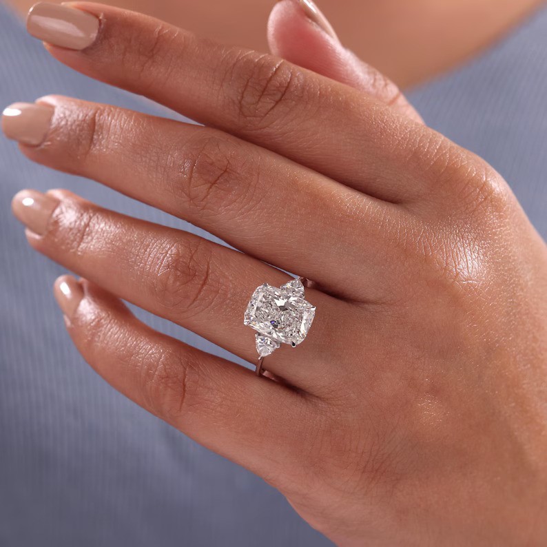 3CT Cushion Cut Moissanite Engagement Ring with Pear Side Stones Sterling Silver