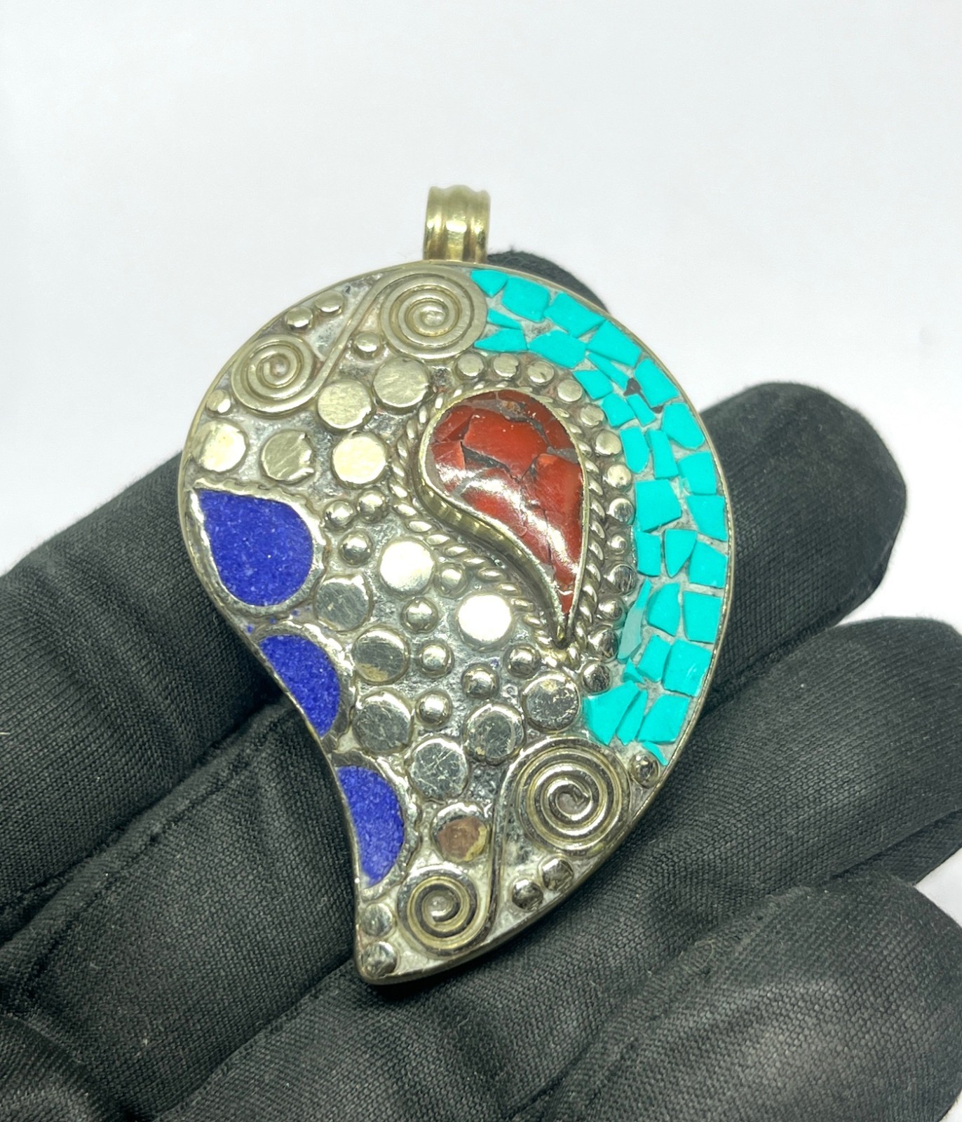 Handmade Turquoise Lapis Gemstone Tibetan Style Boho Pendant Jewelry, 2.2 inc