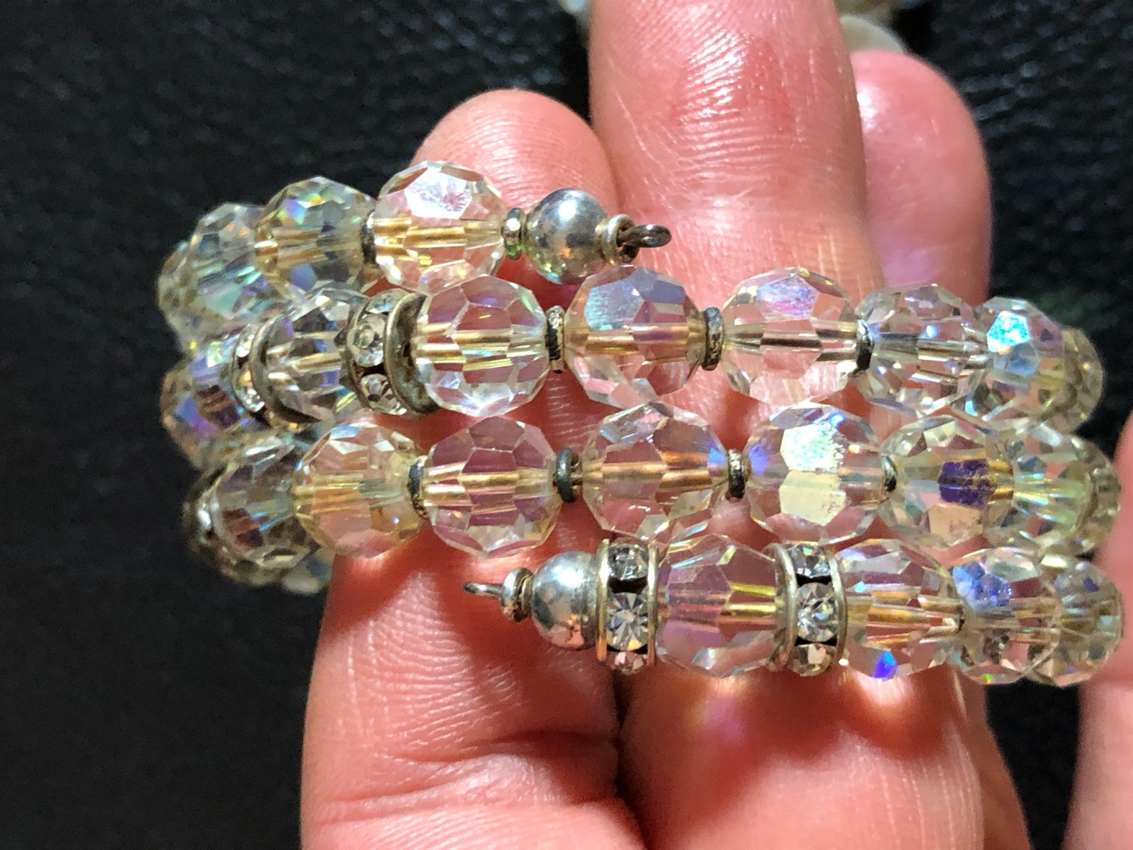 Vintage AB Crystal Bead Multi 3 Strand Necklace Earrings Bracelet Set SILVER6138