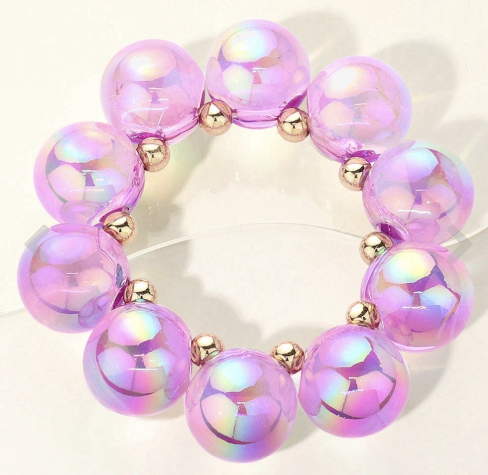 Iridescent Acrylic Beaded Stretch Bracelet Round Beads Multicolor
