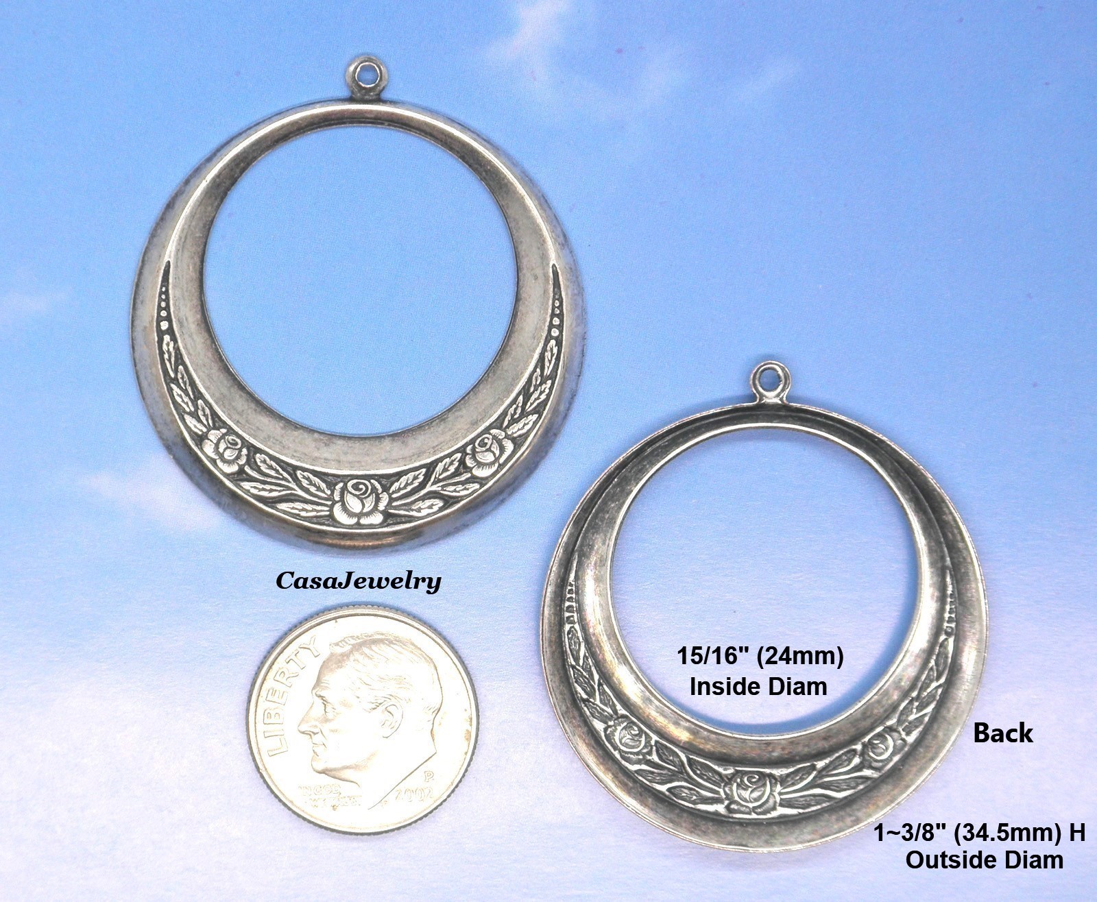 #0023 ANTIQUED STERLING SILVER PLATED FLORAL DECORATED HOOP W/HANG RING – 4 Pcs