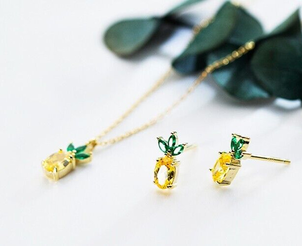 Gold Pinapple Stud Earrings, CZ Stone Stud, Pinapple Pandent Chain Necklace