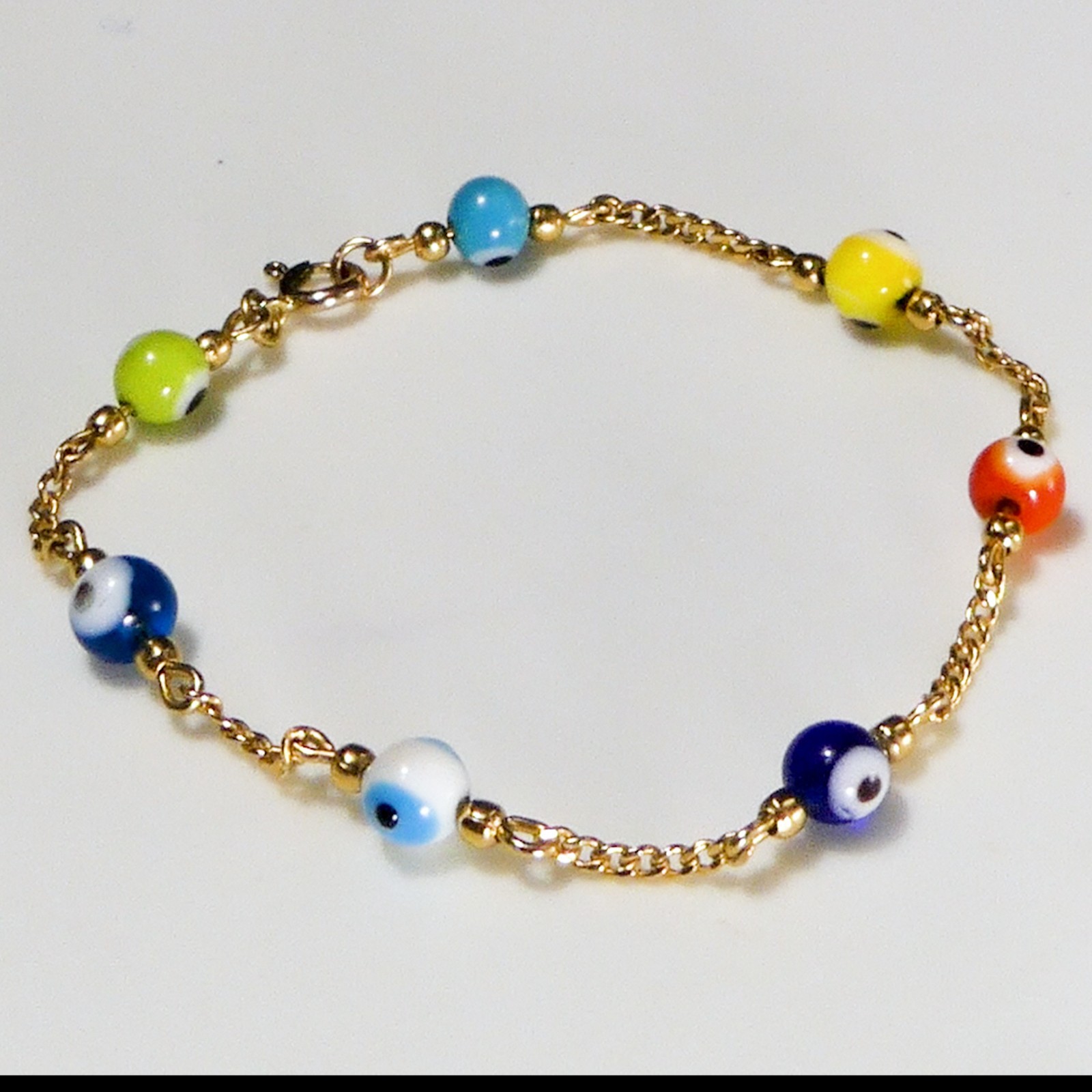 14K Yellow 4.1g Gold Evil Eye Bead Station Bracelet 7″ Lampwork Glass 585 Nazar