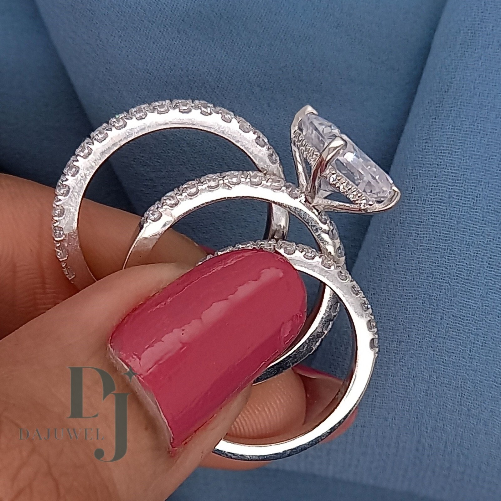 Trio Set Moissanite Engagemement Ring Solid 14K White Gold 3 Carat Radiant Cut