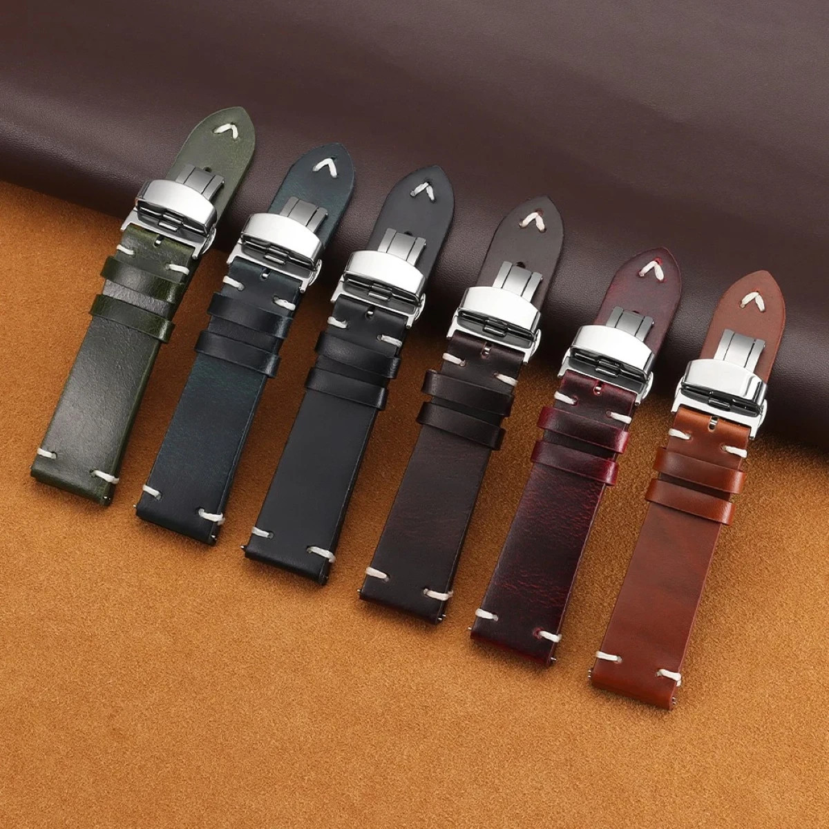 Genuine Leather Butterfly Buckle Watch Bands 18/20/22mm Waterproof Retro Oil Wax