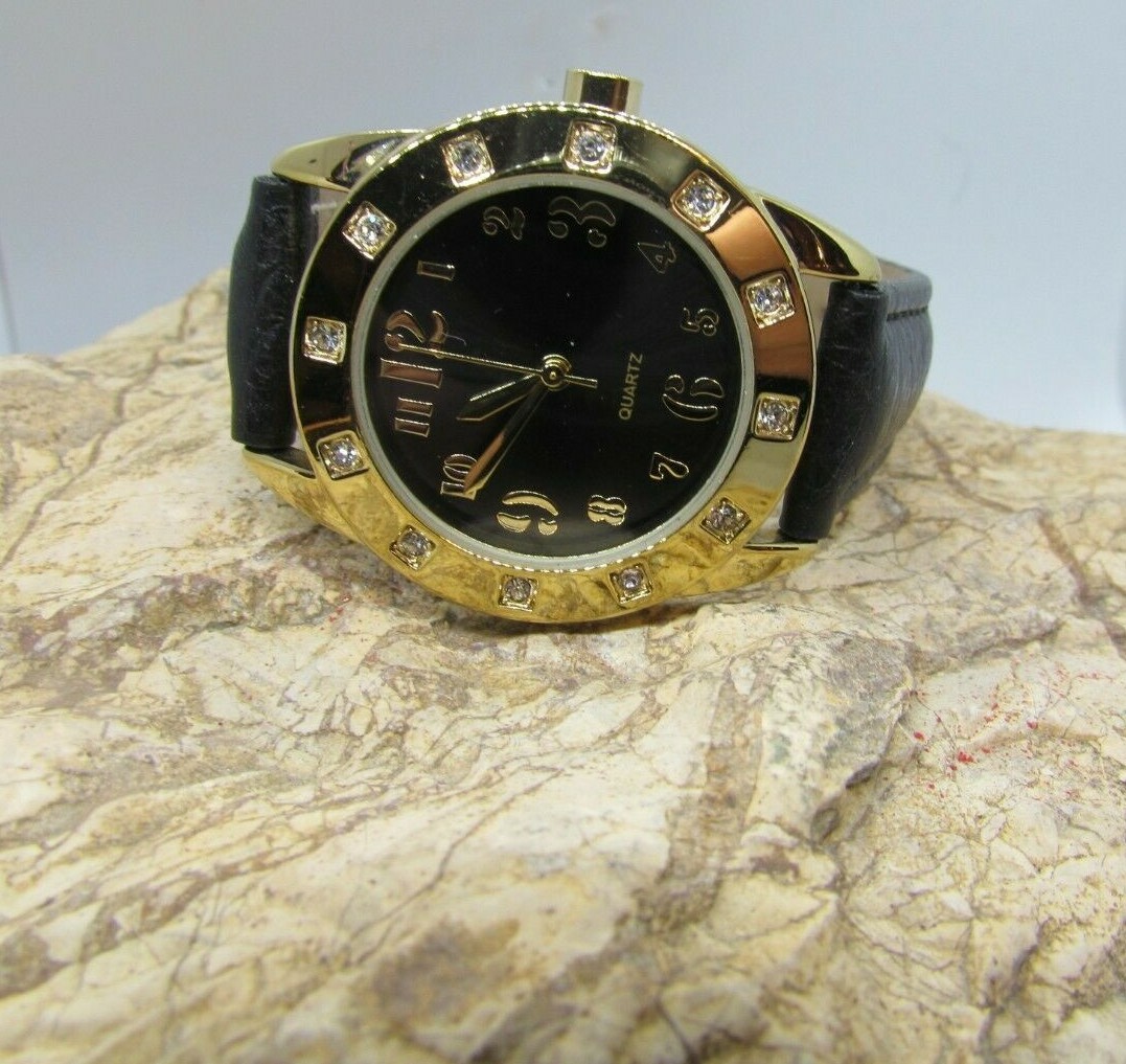 Womens Watch Black & Gold Crystal Accent Round Face Faux Leather Band Gli