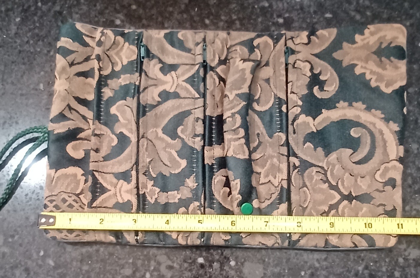 Vintage New Jewelry Roll, Travel Jewelry Roll Bag, Damask Green and Tan