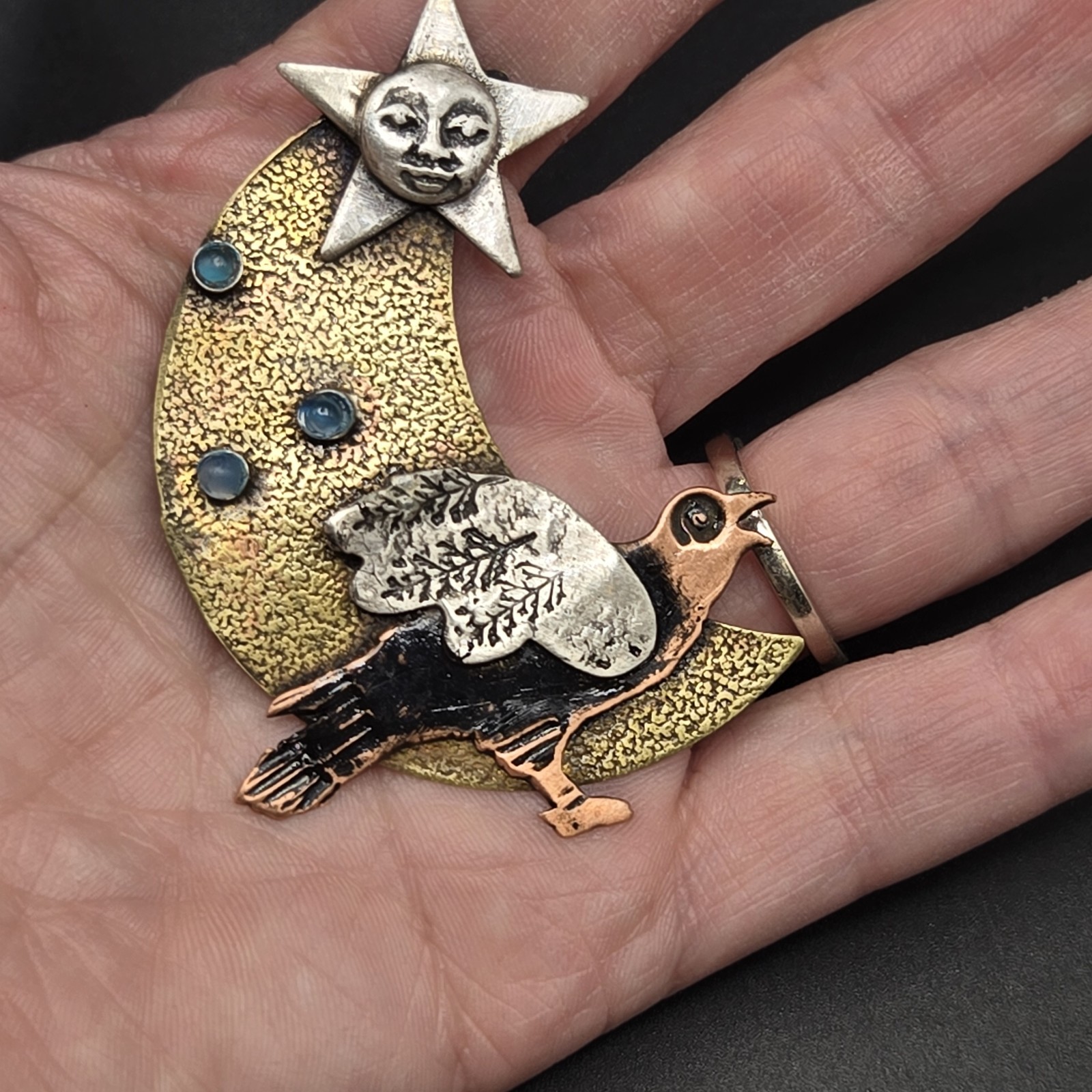 Eclectic Handmade Gold & Silver Tone Moon, Bird and Sun Pendant