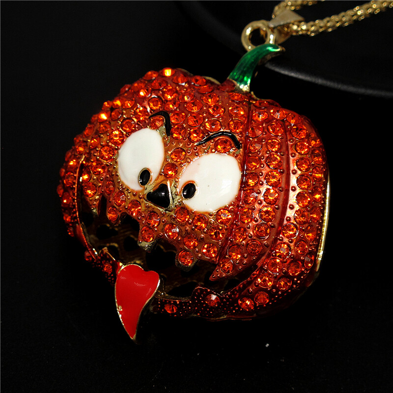Fashion Women Orange Rhinestone Halloween Pumpkin Pendant Chain Necklace Gifts