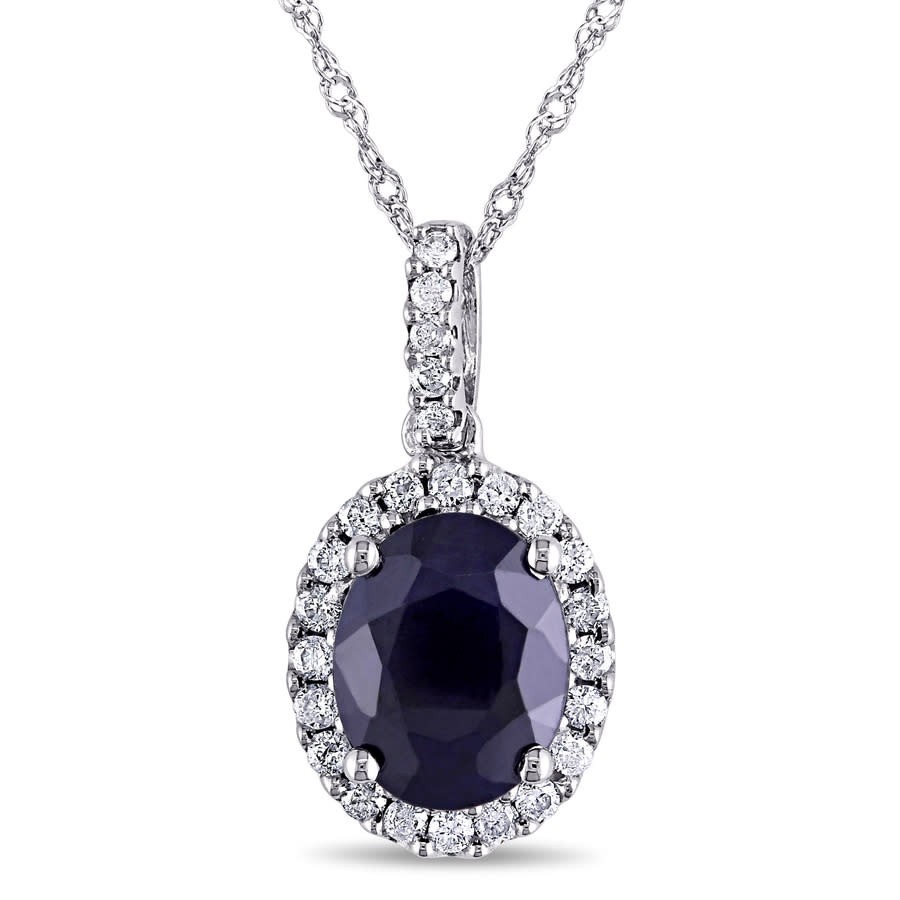 AMOUR Oval Diffused Sapphire and 1/4 CT TW Diamond Halo Pendant with Chain In