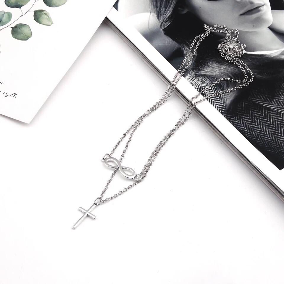 Women Infinity Cross Double Layered Pendant Necklace Silver or Gold Plated N52