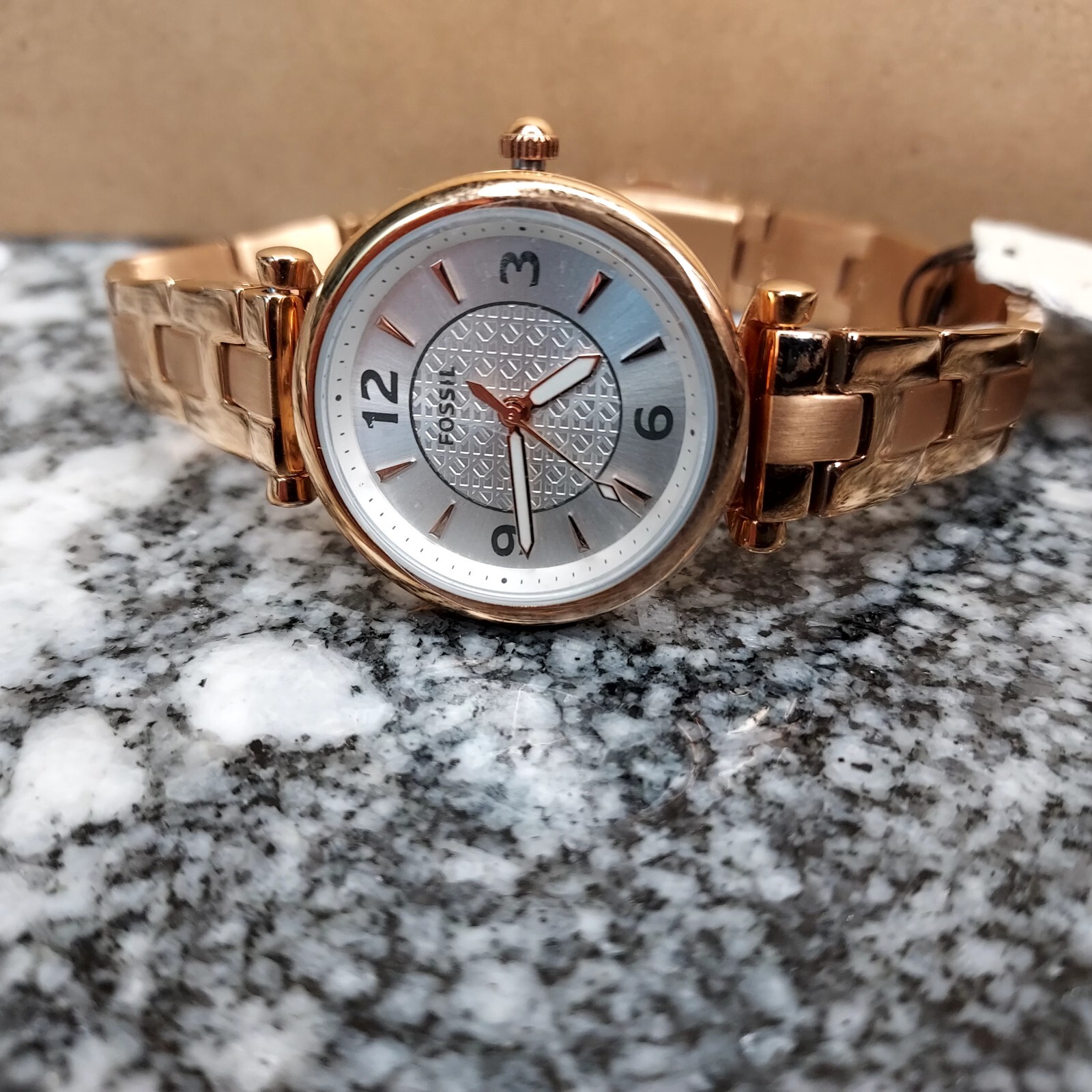 Fossil Ladies Carlie Three-Hand Rose Gold-Tone Stainless Steel Watch ES5202 New