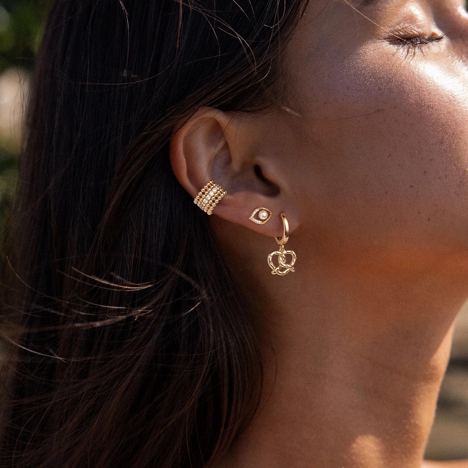Women Knotted Heart Earrings Gold Huggie Hoop Dangle Drop Station