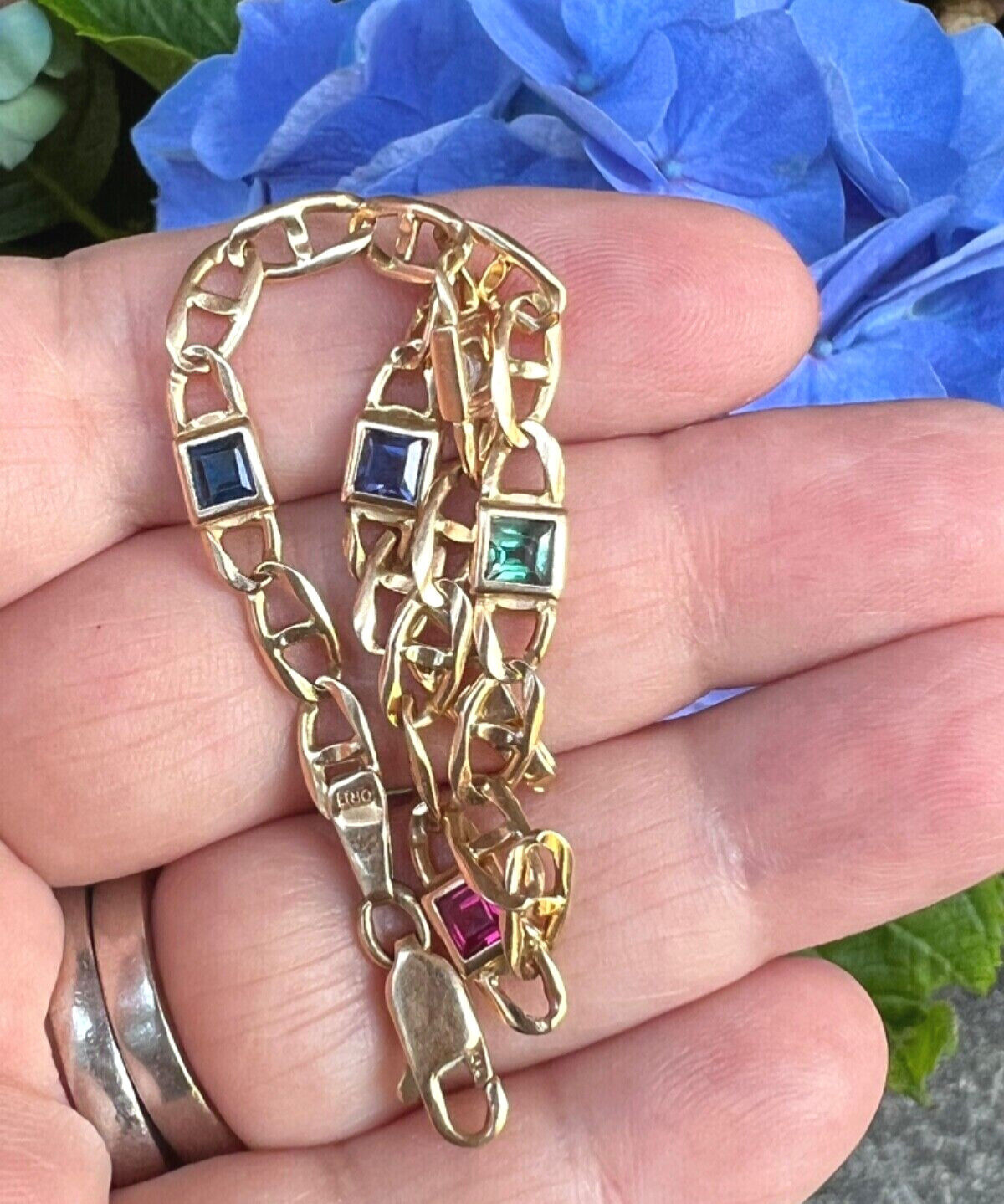 14K YELLOW GOLD MULTI GEMSTONES FIGARO BRACELET MADE IN ITALY CANDY COLORS
