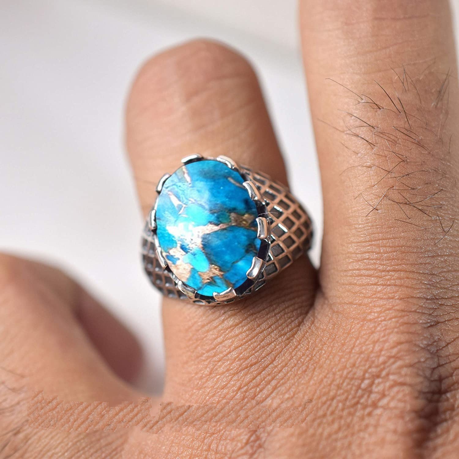 Solid 925 Sterling Silver AA Natural Copper Turquoise Gemstone Men’s Unisex Ring