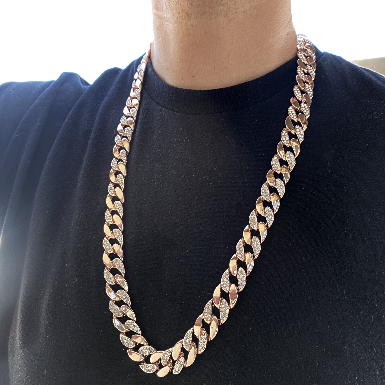 Men’s 14K Rose Gold Plated Cuban Link Iced Bling Chain Simulated CZ Necklace 30″