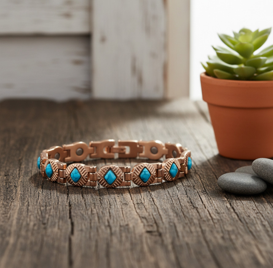 Stainless Steel Rose Gold Plated Link Magnetic Bracelet With Turquoise Stone
