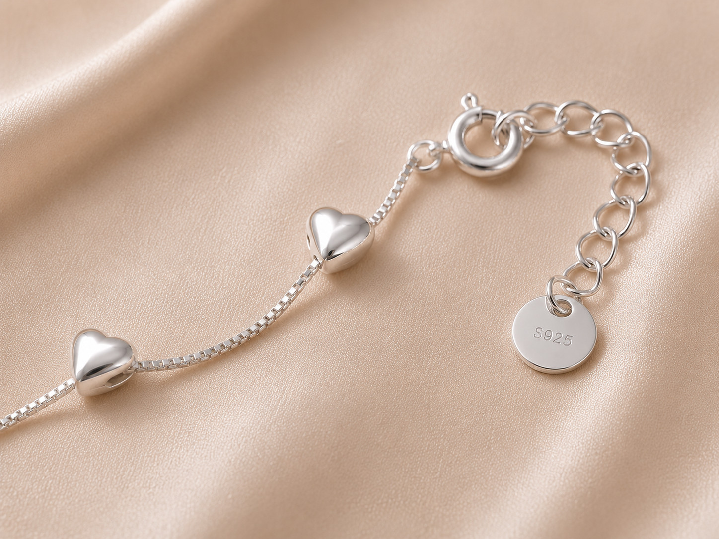 925 Sterling Silver Heart Charm Bracelet 16+2.5cm Adjustable Minimalist Gift for