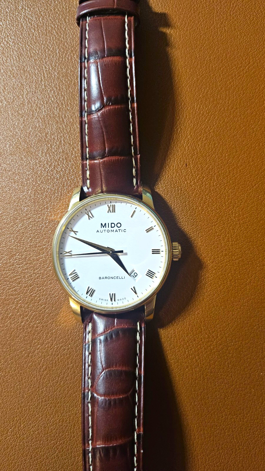 MIDO Baroncelli Automatic Swiss Made Date White Roman Dial Brown Leather Strap