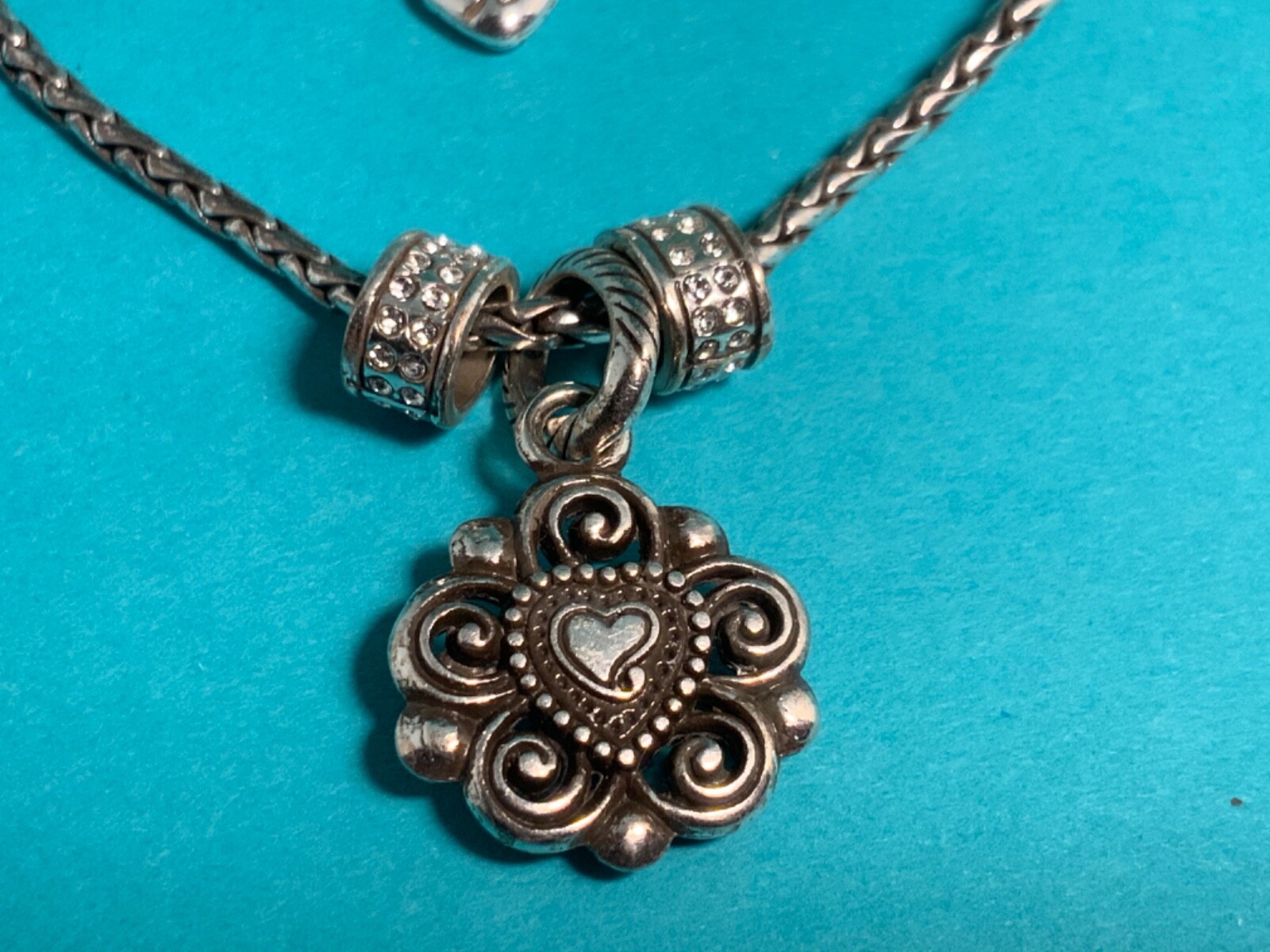 🌸 Brighton Silver Crystal Heart Charm Bracelet With 3 Charms (B23) 🌸