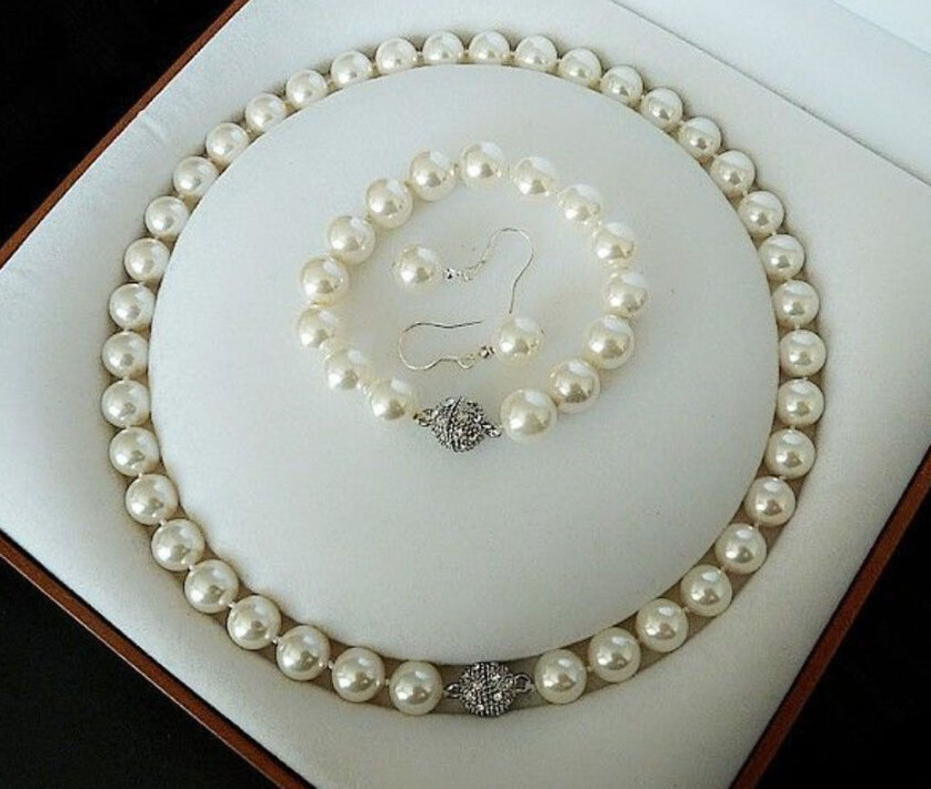 10mm White Round South Sea Shell Pearl Necklace Bracelet Earring Jewelry Set