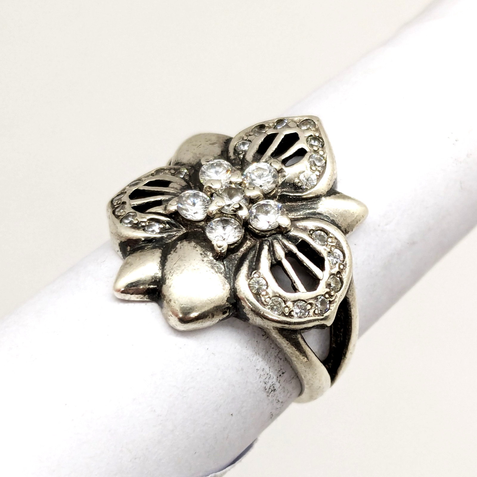 Vintage Luxury RING Silver 925 FLOWER with Bright Stones-size: 8US (17.7mm)| #14