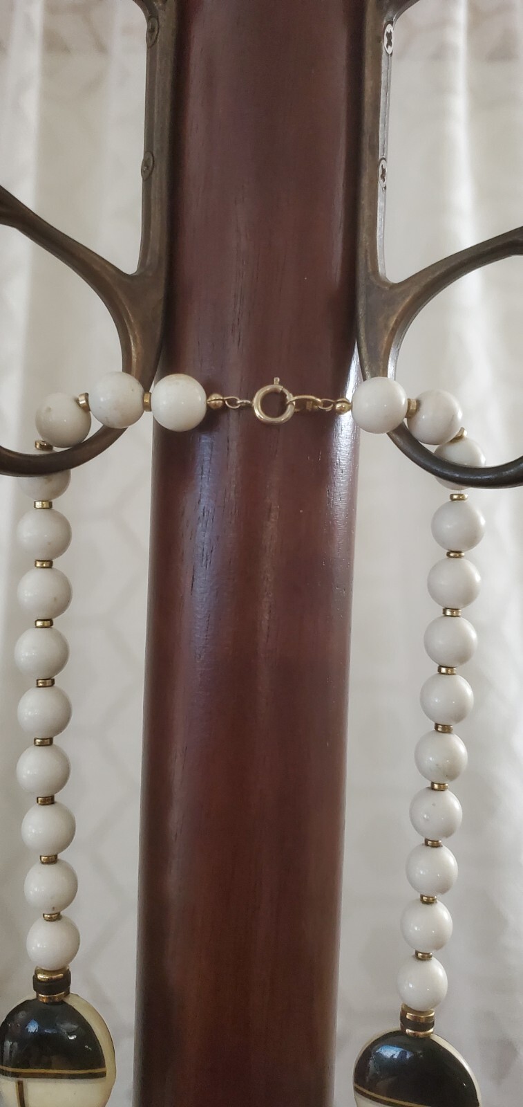Black Cream White Gold Ceramic Enamel Long Bold Necklace 34″ Vintage