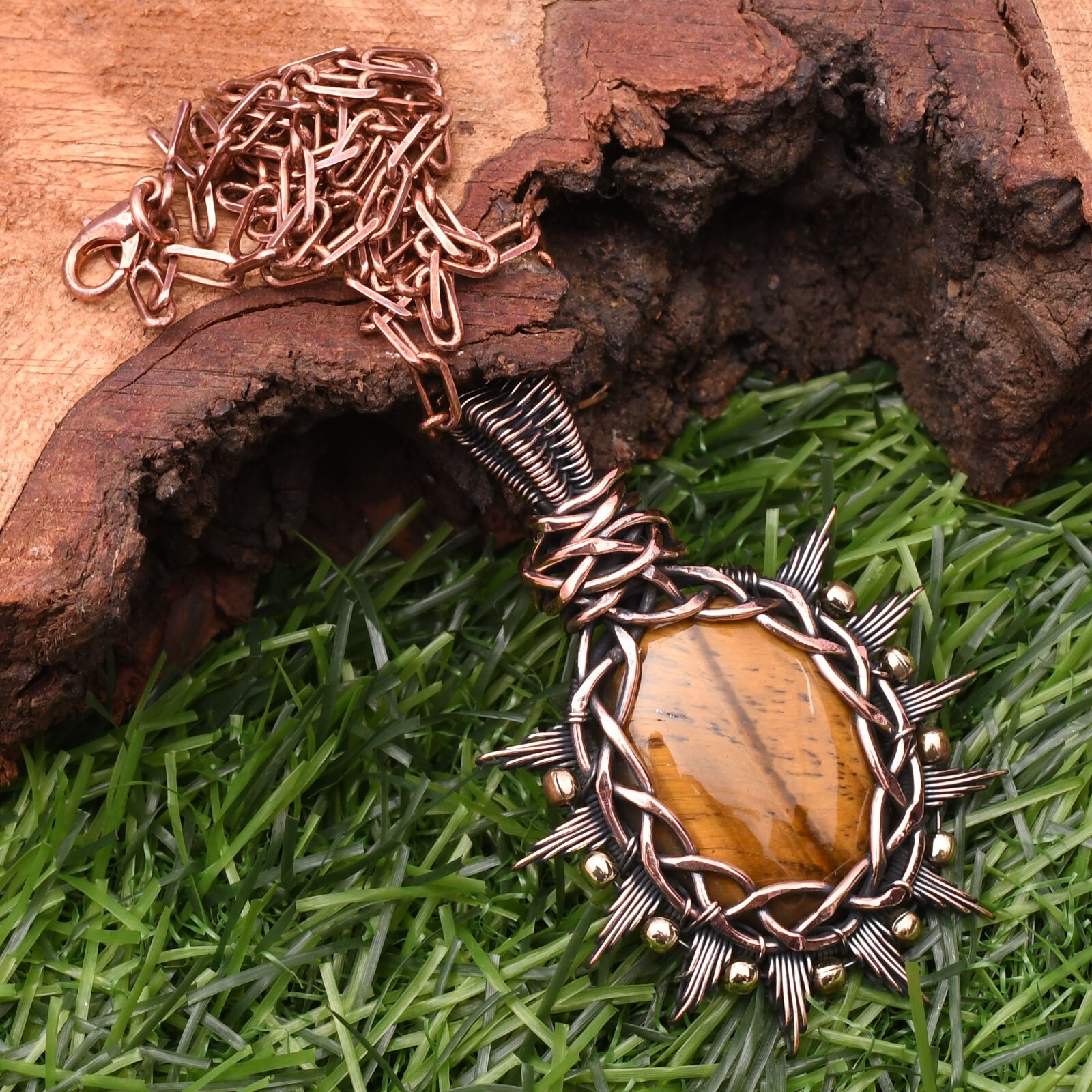 Tiger’s Eye Gemstone Copper Wire Wrap Handmade Jewelry Pendant 2.28″