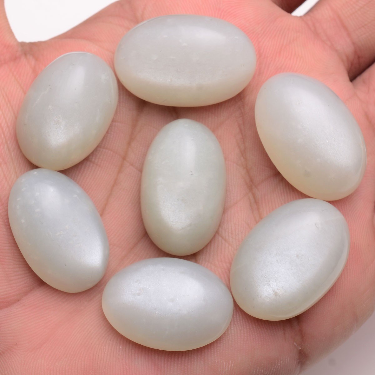 7 Pcs Natural White Moonstone 25mm-29mm Oval Cabochon Untreated Gemstones Lot