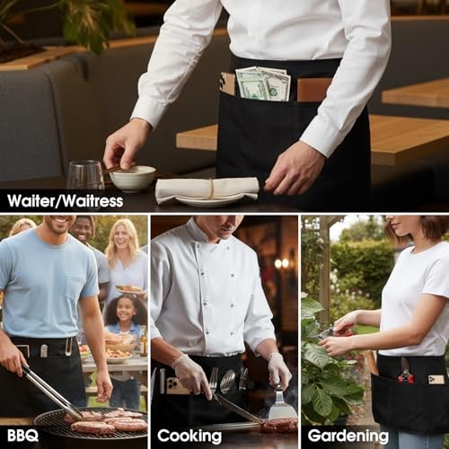 Server Aprons Waitress Aprons with 3 Pockets – Black Polyester B-01 Pack Black