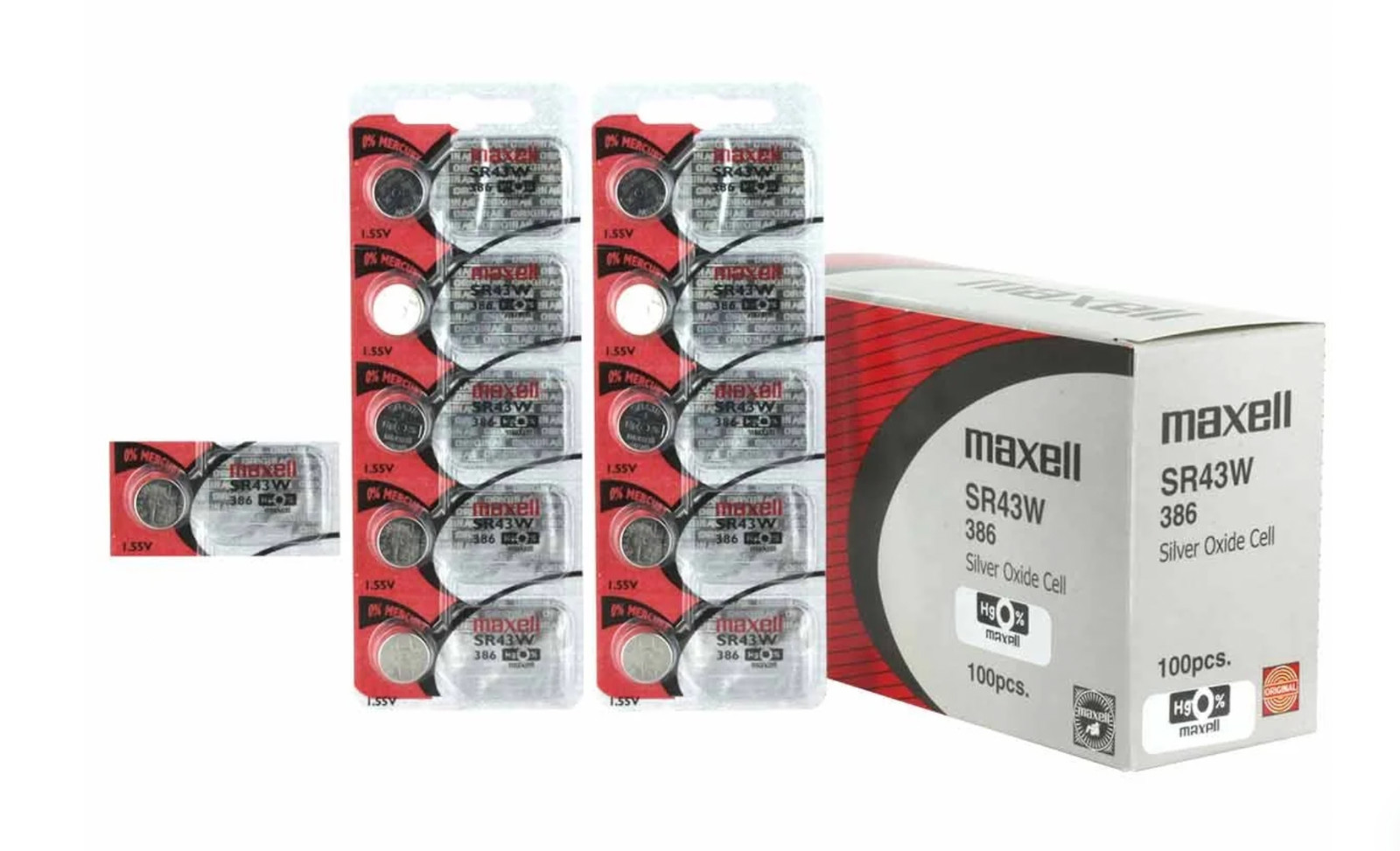 Maxell 386 (SR41SW) 1.55V Silver Oxide Watch Batteries – Pack of 100 Batteries