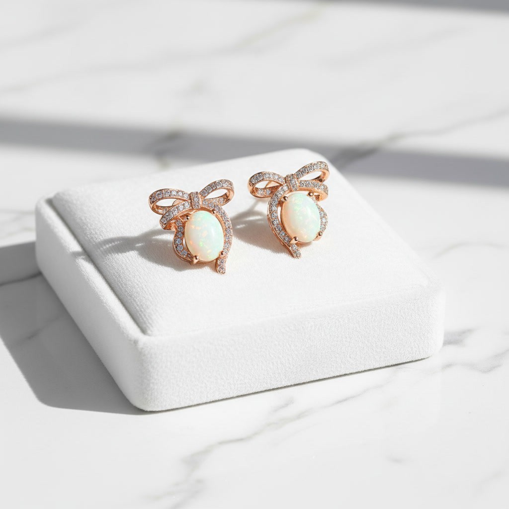 Large Fire Opal Bow Knot Stud Earrings 7x9mm 925 Sterling Silver, Opal Earrings