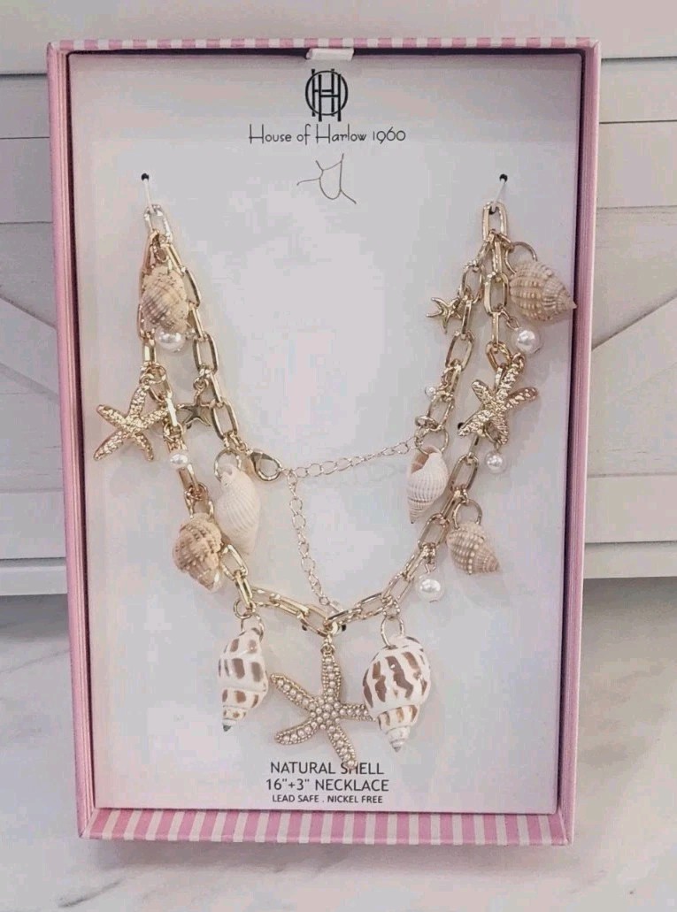 NIB! Chic House of Harlow 1960 Natural Shell Starfish Charm Necklace 16″ + 3″