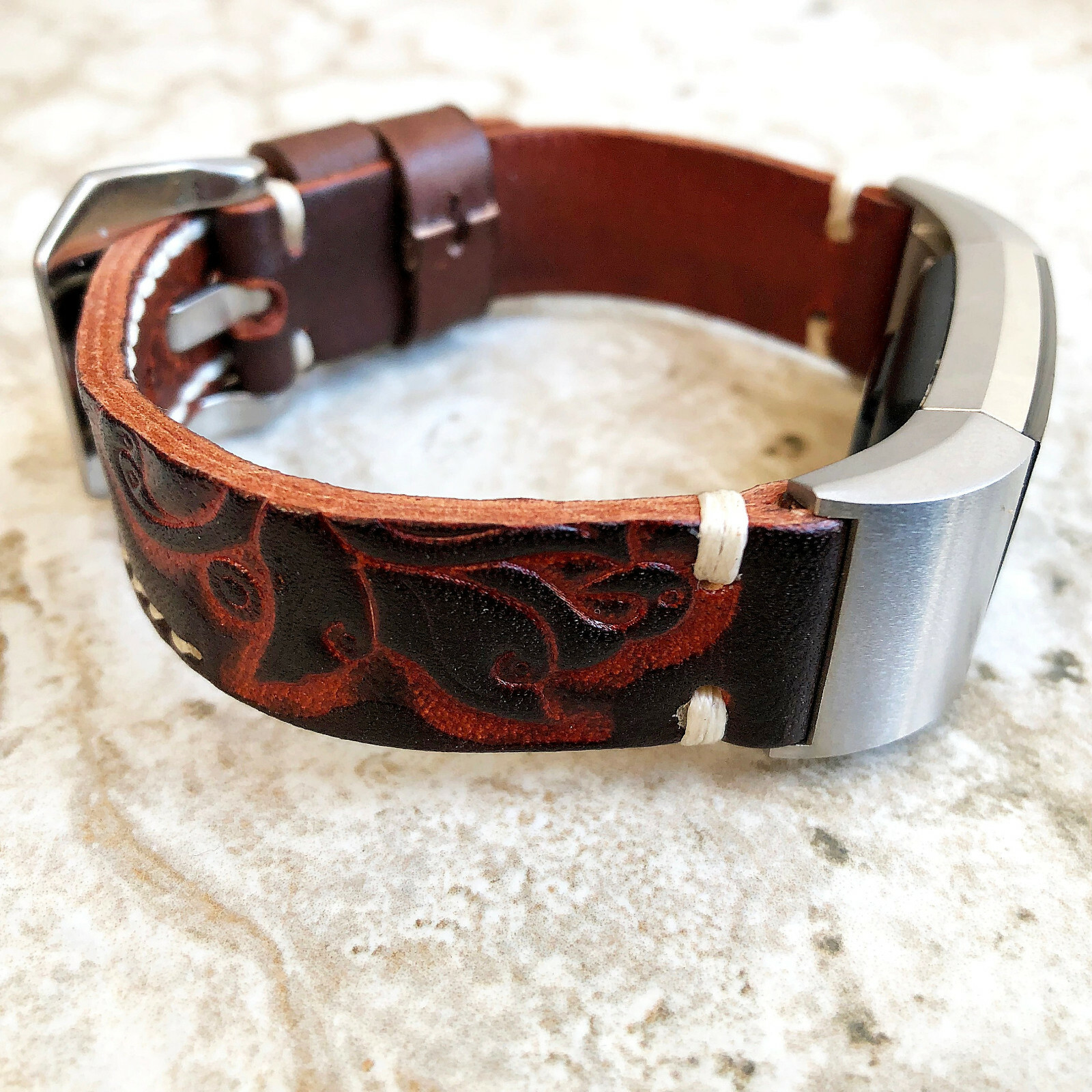 Dark Brown Embossed Handmade Leather Watch Strap Band for Fitbit Charge 6 5 4